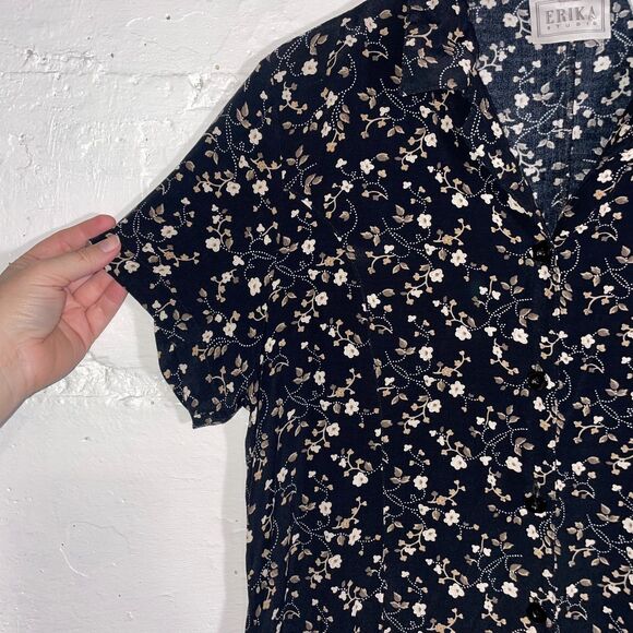 Vintage Erika Black Floral Short Sleeve Button Front Maxi Dress Grunge Everyday - Picture 4 of 9